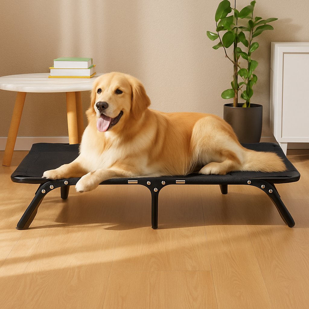 Lit-pour-chien-surélevé-pliable-respirant-antidérapant-structure et pied acier inoxydable anti-rayure-avec poignée de transport-maille respirante-ultra-résistante-ergonomique pour un soutien optimal qui protège sa colonne vertébrale et ses articulations-polyvalent-intérieur et extérieur-100% imperméable-un grand chien couché et heureux sur son lit de camp noir aéré et hygiénique lavable dans le salon de la maison en été