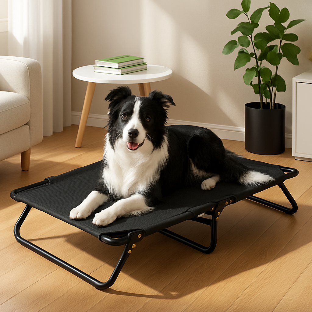 Lit-pour-chien-surélevé-pliable-antidérapant-structure et pied acier inoxydable anti-rayure-avec poignée de transport-maille respirante-ultra-résistante-ergonomique pour un soutien optimal qui protège sa colonne vertébrale et ses articulations-polyvalent-intérieur et extérieur-100% imperméable-un chien à longs poils couché confortablement sur son lit de camp noir aéré et hygiénique lavable dans le salon de l'appartement en été
