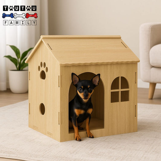 maison-interieure-pour-chien-chiot-un pinscher nain assis à la porte de la niche en bois de chêne naturel recyclable et écoresponsable, ventilation optimal grâce aux multiples ouvertures pour une bonne aération et hygiénique écologique dans son salon douillet -niche en bois pour petit chien  