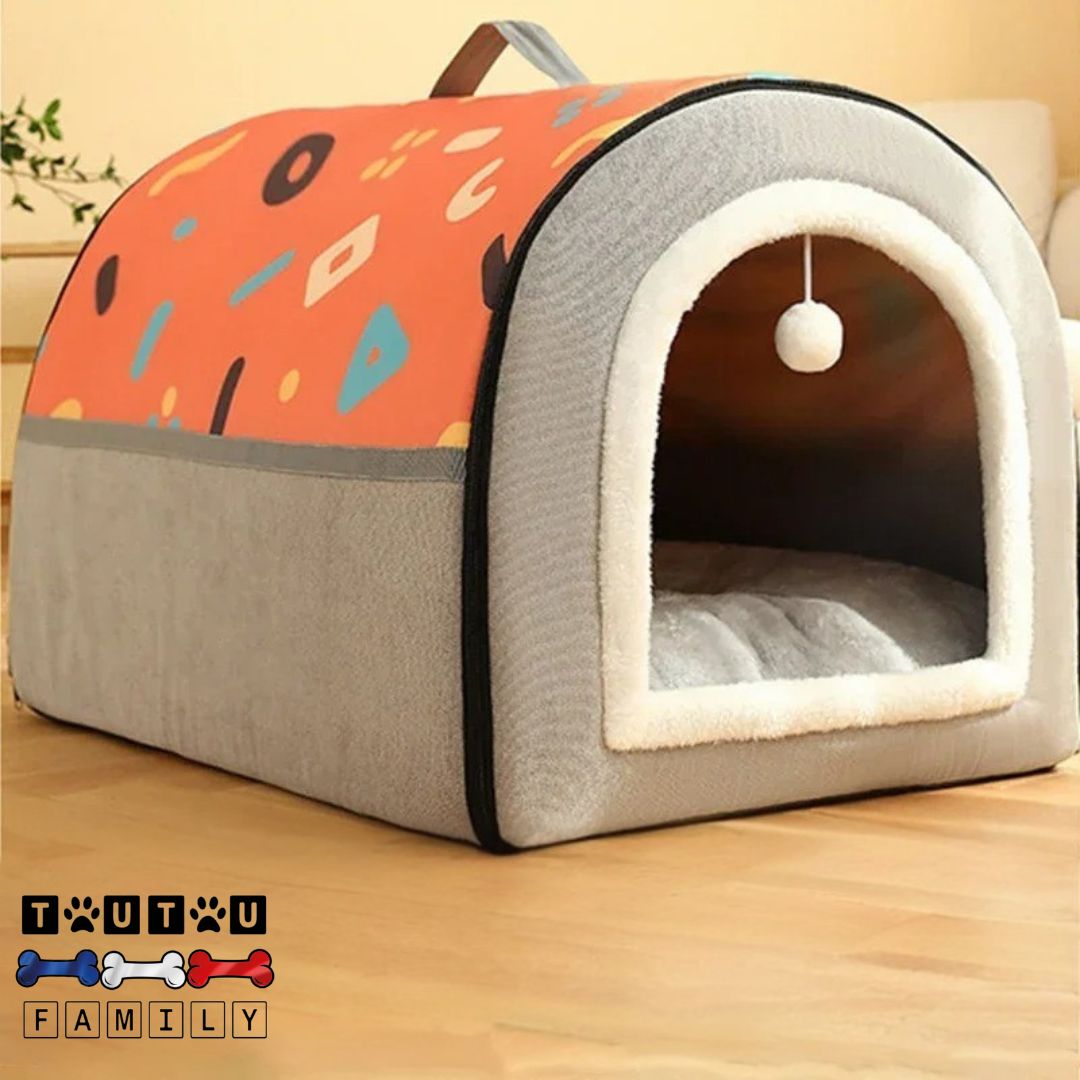 Niche-chien-interieur-Grotte-orange-avec-balle-en-pendentif-interactive-lavable-transportable-modulable-en-panier-2-en-1-pour-petit-et-moyen-chien-100%-imperméable