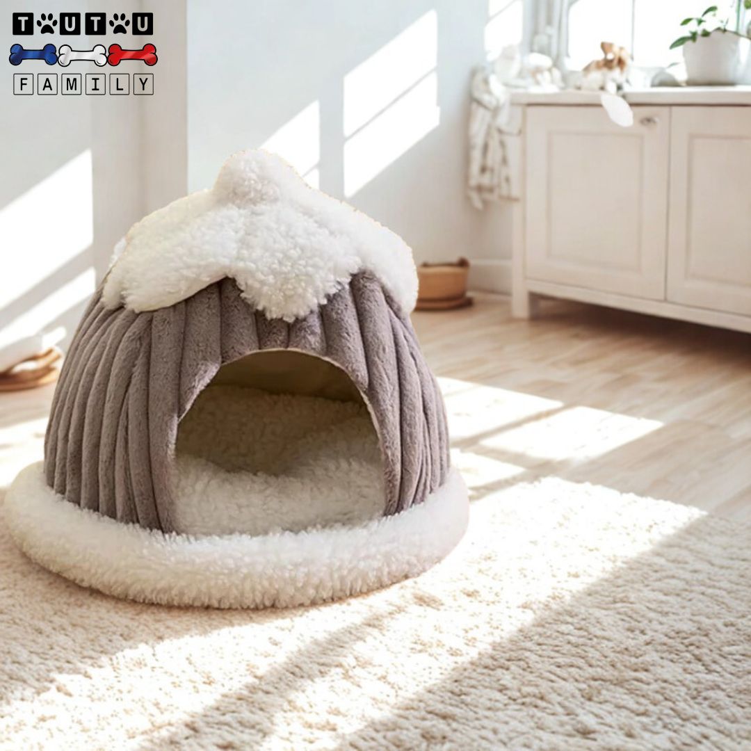 niche-intérieur-pour-chien-chaude-en semi-fermée douce douillette pour chien de taille naine ou toy et petit chien -Yorkshire Terrier-Coton De Tuléar-Pinscher Nain- Volpino-chihuahua-jusqu'à 5 kg avec son oreiller en suédine et lin lavable en machine à laver