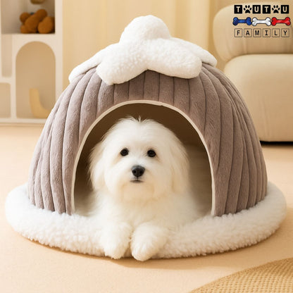 niche-interieur-pour-chien-grotte-un-coton-de-tuléar-couché et paisible dans sa niche en forme de dôme entourant et sécurisant-niche anti-anxiété-lit-chaud-et-aérée-antidérapant-et-imperméable-lavable-en-machine-avec-oreiller