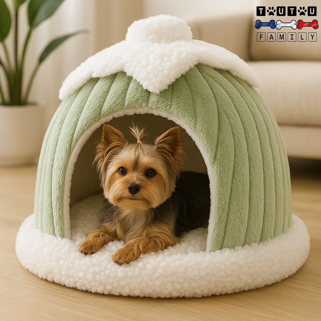 Niche-intérieur-pour-chien-un petit chien couché dans sa niche douce et douillette en forme de grotte-idéal pour les petits espaces pour les petits chiens transportable et légère lavable en machine design mignon citrouille vert