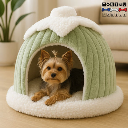 Niche-intérieur-pour-chien-un petit chien couché dans sa niche douce et douillette en forme de grotte-idéal pour les petits espaces pour les petits chiens transportable et légère lavable en machine design mignon citrouille vert