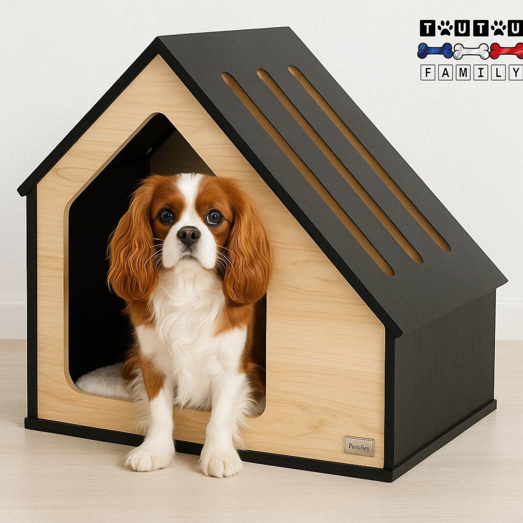 niche-pour-chien-intérieur-design-bois-un petit chien couché confortablement dans sa niche en bois écologique, durable et solide avec son coussin blanc déhoussable 100% coton doux imitation de peau de 