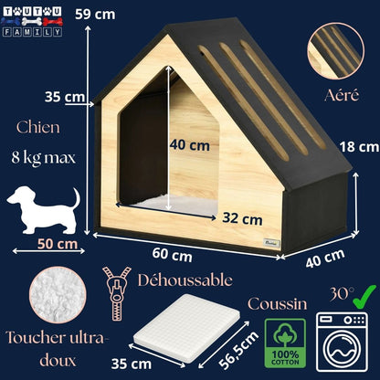 Niche-pour-chien-intérieur-design-caractéristiques-maison en bois narurel pour petit chien de 50 cm de longueur et 8 kg maximum avec son coussin 100% coton lavable et déhoussable-imitation peau de mouton-toit avec triple aération couleur bois naturel et toit noir moderne -dimensions détaillées de la niche et du coussin
