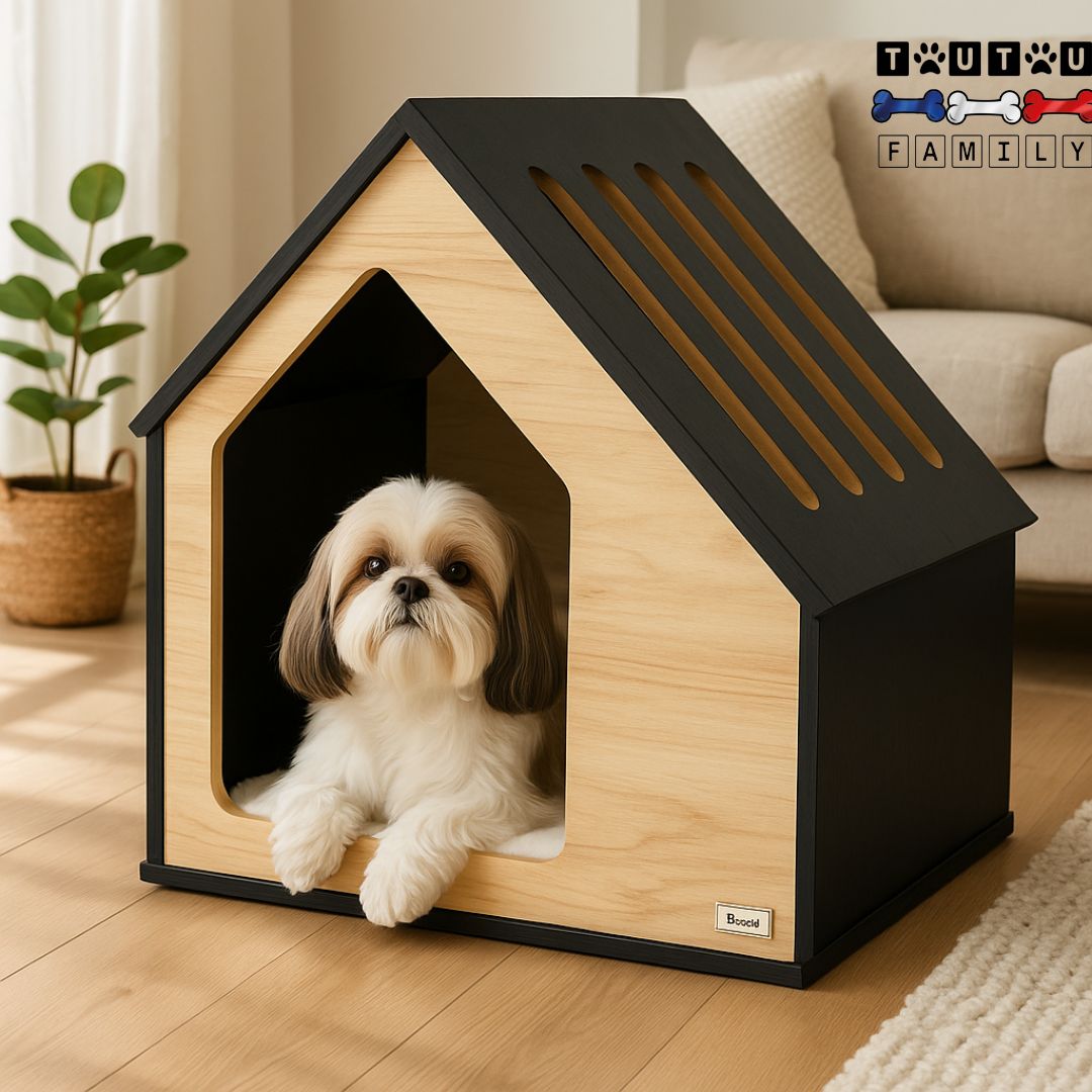 niche-pour-chien-interieur-design-ecologique-solide resistante-un chein de petite taille couché confortablement dans sa maison en bois sur le coussin moelleux 100% coton avec housse lavable imitation de peau de mouton dans son salon