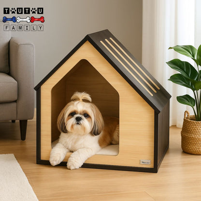niche-pour-chien-interieur-design-en-bois-un-Shih Tzu couché paisiblement dans sa niche en bois naturel et écologique sur son coussin intérieur 100% coton déhoussable et lavable en machine à laver épais chaud et confortable 