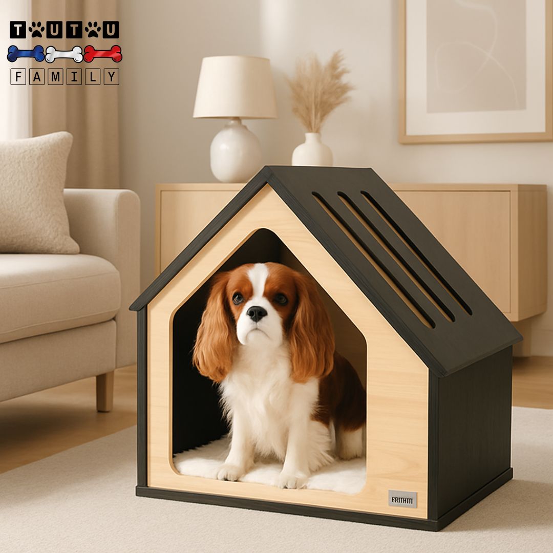 niche-pour-chien-intérieur-design-petit-chien-un-cavalier-king-charles-spaniel couché confortablement dans sa maison en bois avec coussin déhoussable et lavable imitation de peau de mouton qui observe son environnement par la grande ouverture de la niche dans le salon