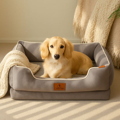 panier-orthopédique-chien-déhoussable-velours-lavable-en-machine-un-teckel-couché-dans-son-panier-rectangulaire-avec-rembourrage-100%-coton-haute-densité-épais-et-moelleux-avec-matelas-ergonomique-3-taille-disponible-du-M-au-XL-pour-petit-à-grand-chien