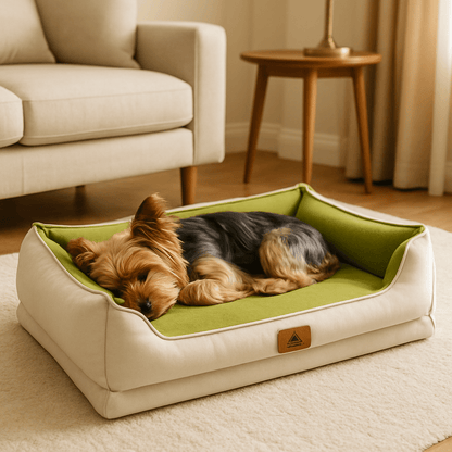 panier-petit-chien-anti-stress-orthopédique-déhoussable et lavable en machine-100% imperméable et résistant aux griffes-avec rebords rembourrés 100% coton haute densité-design-un petit chien qui dort paisiblement dans son panier blanc et vert dans le salon de la maison