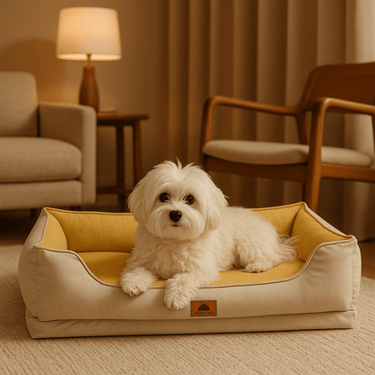 panier-petit-chien-anti-stress-orthopédique-déhoussable et lavable en machine-100% imperméable et résistant aux griffes-avec rebords rembourrés 100% coton haute densité-design-un petit chien couché et heureux dans son panier blanc et jaune dans le salon de l'appartement