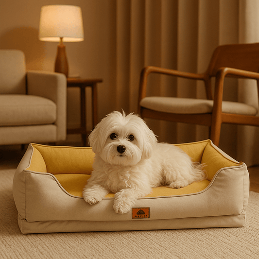 panier-petit-chien-anti-stress-orthopédique-déhoussable et lavable en machine-100% imperméable et résistant aux griffes-avec rebords rembourrés 100% coton haute densité-design-un petit chien couché et heureux dans son panier blanc et jaune dans le salon de l'appartement