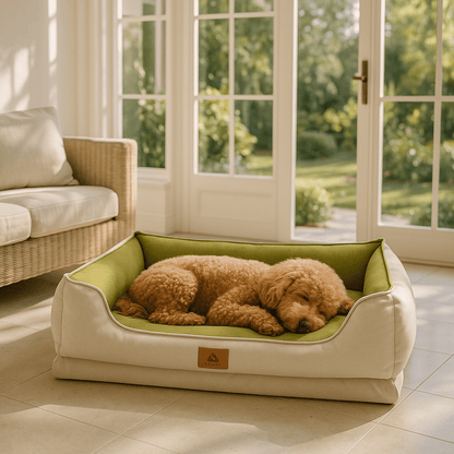 panier-petit-chien-anti-stress-orthopédique-déhoussable et lavable en machine-100% imperméable et résistant aux griffes-avec rebords rembourrés 100% coton haute densité-design-un petit chien qui dort en boule dans son panier ergonomique et apaisant dans la véranda de la maison