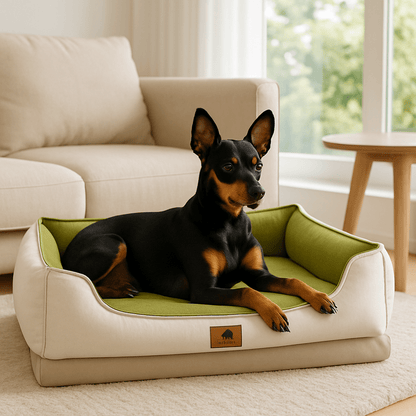 panier-petit-chien-anti-stress-orthopédique-déhoussable et lavable en machine-100% imperméable et résistant aux griffes-avec rebords rembourrés 100% coton haute densité-design-un chien nain couché confortablement dans son panier ergonomique et apaisant dans le salon de la maison