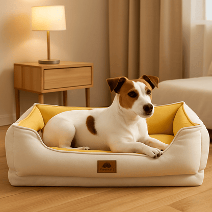 panier-petit-chien-anti-stress-orthopédique-déhoussable et lavable en machine-100% imperméable et résistant aux griffes-avec rebords rembourrés 100% coton haute densité-design-un petit chien qui couché confortablement dans son panier ergonomique et apaisant dans la chambre douillette de l'appartement