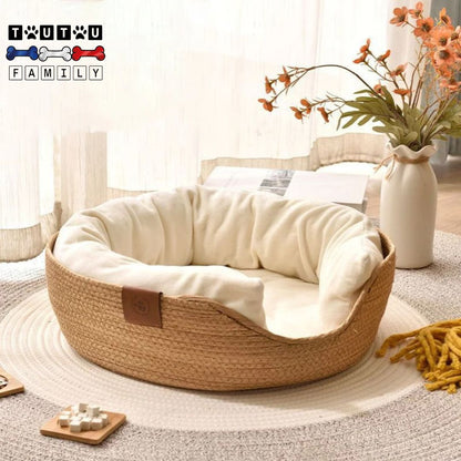 Panier-petit-chien-osier-tisse-main-avec-coussin-et-traversin-rembourré-100%-coton-pour-chien-nain-chihuahua-jusqu-à-3kg