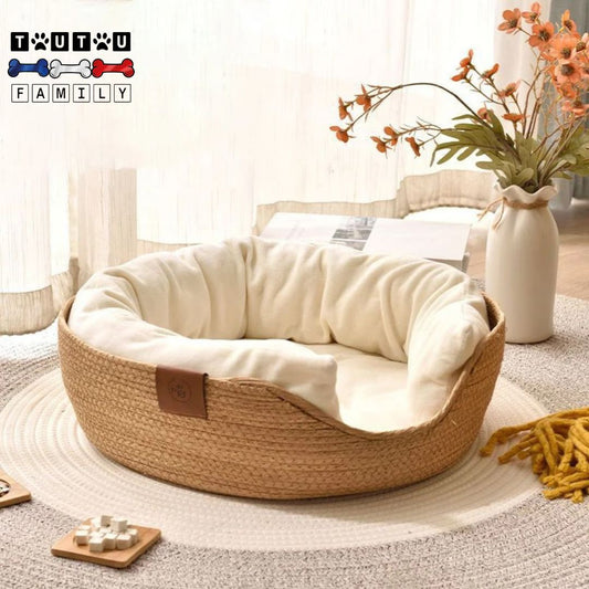 Panier-petit-chien-osier-tisse-main-avec-coussin-et-traversin-rembourré-100%-coton-pour-chien-nain-chihuahua-jusqu-à-3kg