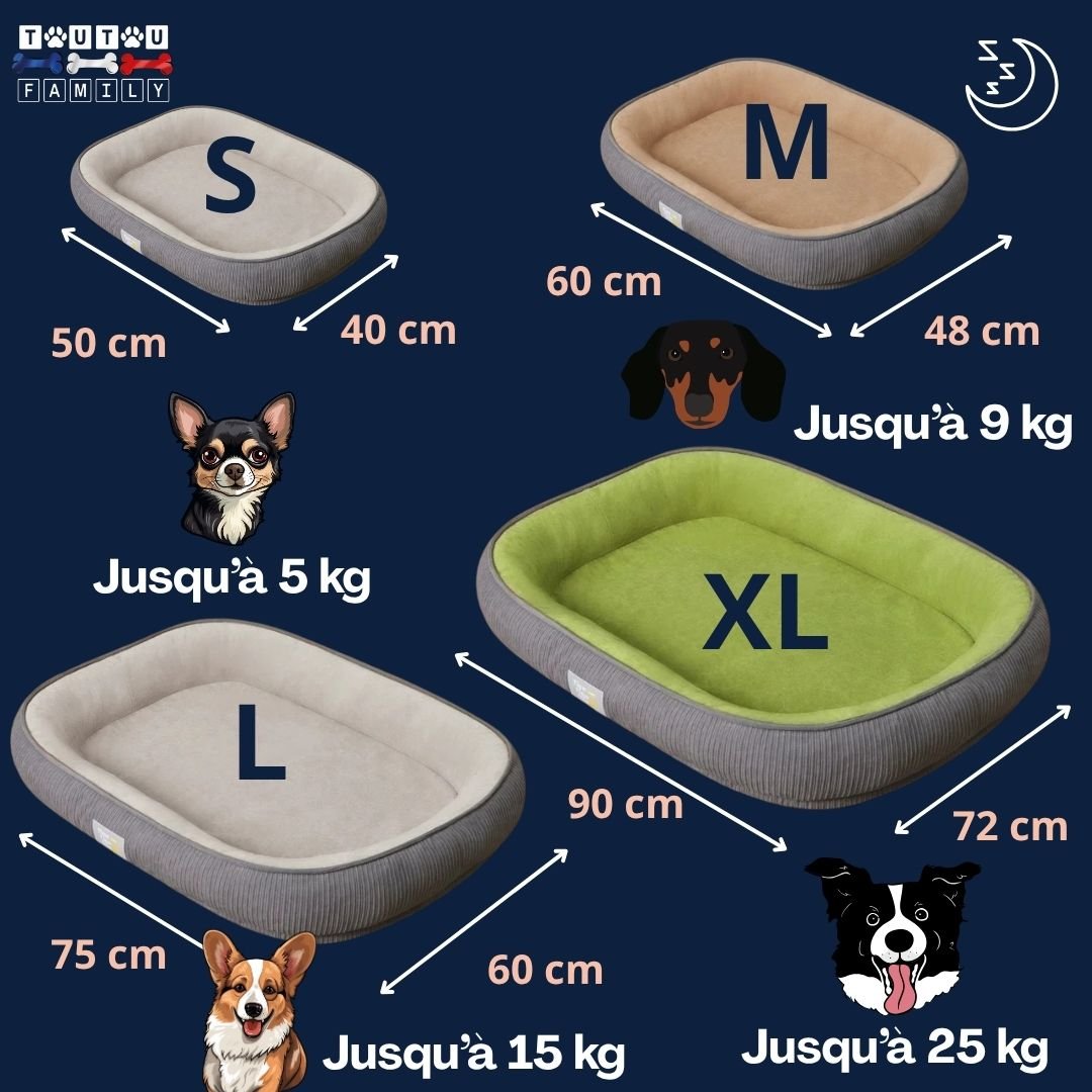 panier-pour-chien-ergonomique-guide-de-taille-du-S-au-XL dimensions pour petit à chien de moyenne taille jusqu'à 25 kg