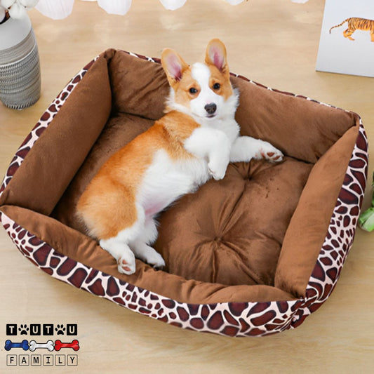 Panier-pour-chien-coton-un-chien-de-taille-moyennecouché-de-tout-son-long-sur-son-flanc-dans-son-panier-à-imprimé-girafe-et-marron