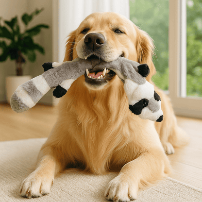 peluche-pour-chien-indestructible-sans-rembourrage-avec corde intérieur et sonore-sans danger-lavable en machine-pour tous les chiens de toutes tailles-un golden retriever qui tient avec joie sa peluche raton laveur sonore dans sa mâchoire