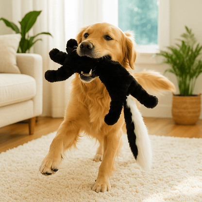 peluche-pour-chien-indestructible-sans-rembourrage-avec corde intérieur et sonore-sans danger-lavable en machine-pour tous les chiens de toutes tailles-un grand chien heureux qui joue avec sa peluche moufette sonore dans sa mâchoire dans le salon de la maison