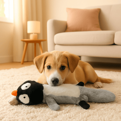 peluche-pour-chien-indestructible-sans-rembourrage-avec corde intérieur et sonore-sans danger-lavable en machine-pour tous les chiens de toutes tailles-un chiot se détend avec sa peluche pingouin sonore dans sa mâchoire dans le salon de l'appartement