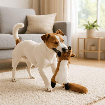 peluche-pour-chien-indestructible-sans-rembourrage-avec corde intérieur et sonore-sans danger-lavable en machine-pour tous les chiens de toutes tailles-un Jack Russel heureux qui joue à mordre avec plaisir sa peluche renard sonore dans sa mâchoire dans le salon de l'appartement