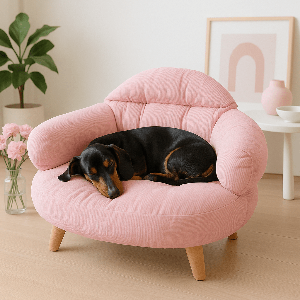 petit-canapé-pour-chien-design-bois-lavable-déhoussable-un teckel miniature qui dort paisiblement la tête posée sur le canapé moelleux et douillet 100% coton PP et structure résistante et solide en bois naturel dans le salon de la maison