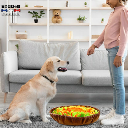 tapis-de-fouille-un-enfant-qui-montre-à-son-golden-retriever-comment-utiliser-son-tapis-de-fouille-avec-des-friandise-jeu-éducatif-de-dressage-canin
