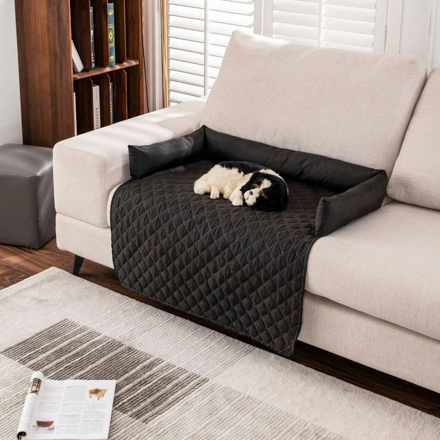 Tapis-pour-chien-gris-antidérapant-imperméable-avec traversin 100% coton haute densité-lavable en machine-taille S-M et L 