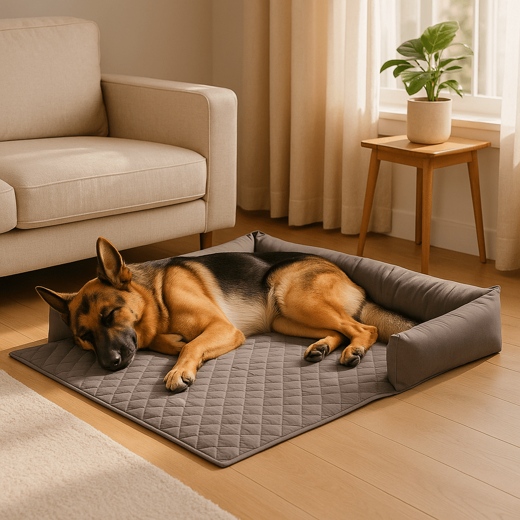 Tapis-pour-chien-protège-canapé-couchage-antidérapant-imperméable-lavable en machine avec traversin en U rembourré 100% coton haute densité-un grand chien qui dort paisiblement sur son tapis matelassé et doux respirant-hypoallergénique sur le sol du salon de la maison