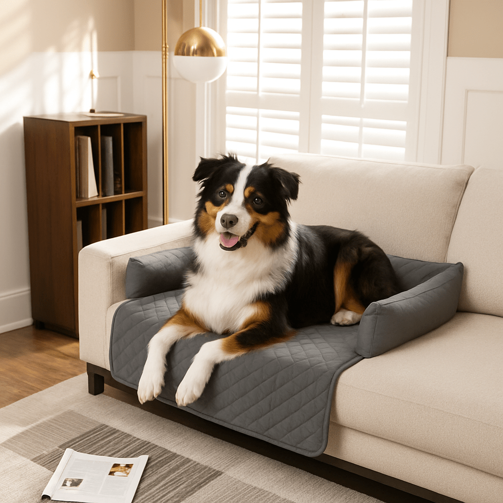 Tapis-pour-chien-protège-canapé-couchage-imperméable-antidérapant-lavable en machine-un Border Collie couché et heureux sur son tapis avec rebord surélevé 100% coton haute densité en U sur le canapé du salon de l'appartement