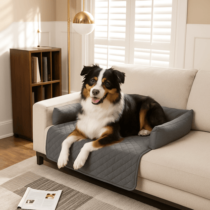 Tapis-pour-chien-protège-canapé-couchage-imperméable-antidérapant-lavable en machine-un Border Collie couché et heureux sur son tapis avec rebord surélevé 100% coton haute densité en U sur le canapé du salon de l'appartement