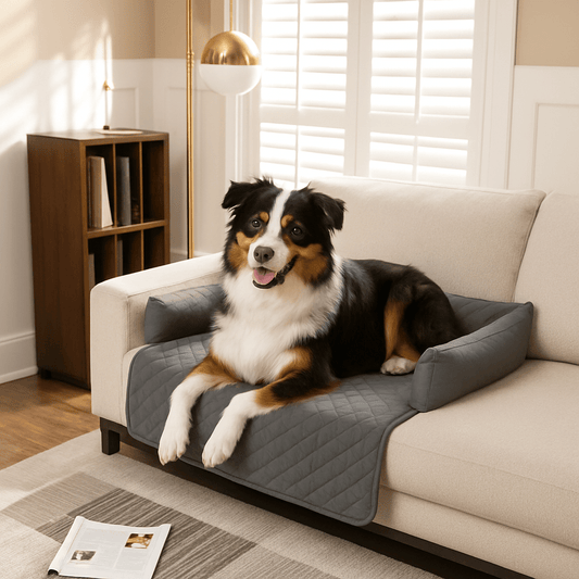 Tapis-pour-chien-protège-canapé-couchage-imperméable-antidérapant-lavable en machine-un Border Collie couché et heureux sur son tapis avec rebord surélevé 100% coton haute densité en U sur le canapé du salon de l'appartement