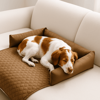 Tapis-pour-chien-protège-canapé-couchage-imperméable-un Épagneul breton qui dort paisiblement sur son tapis imperméable et lavable en machine de couleur marron, sa tête reposant sur le côté du traversin en U rembourré 100% coton haute densité et antidérapant sur le canapé blanc de la maison