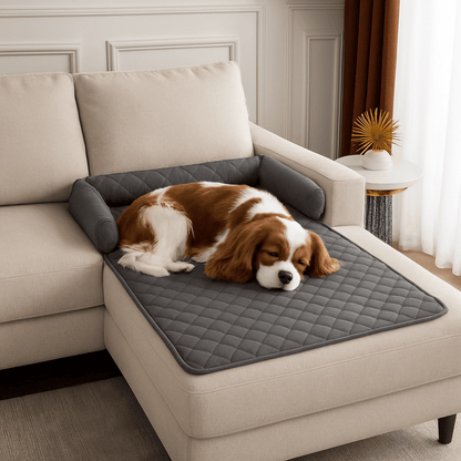 Tapis-pour-chien-protège-canapé-couchage-pour-chiot-chien de petite à grande taille-imperméable-lavable en machine-antidérapant rembourrage 100% coton haute densité hypoallergénique avec traversin en U intégré-un chien de taille moyenne qui dort sur le tapis gris posé sur le canapé en L du salon de l'appartement