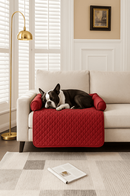 tapis-pour-chien-protège-canapé-multifonction-imperméable-rembourrage 100% coton hautedensité-avec traversin en U entourant-évite la dispersion des poils et saleté-un Boston terrier qui dort paisiblement en boule sur son tapis lavable en machine de couler rouge sur le canapé blanc du salon de la maison
