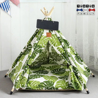 tente-pour-chien-tipi-avec-coussin-toile-légère-respirante-amovible-lavable-en-machine-une-tente-avec-structure-en-bois-de-pin-et-motif-nature-avec-des-feuille-de-rhododendron
