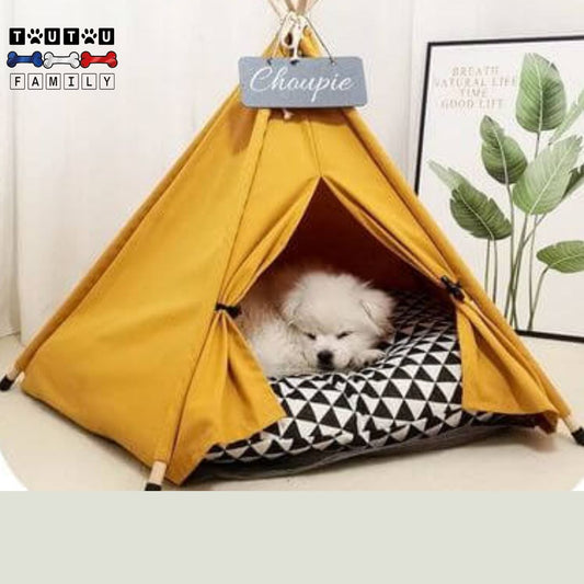 tipi-pour-chien-tente-avec-ardoise-personnalisable-un-bichon-qui-dort-en-boule-sur-le-coussin-dans-son-tipis-avec-son-nom-inscrit-sur-l-ardoise-fourni